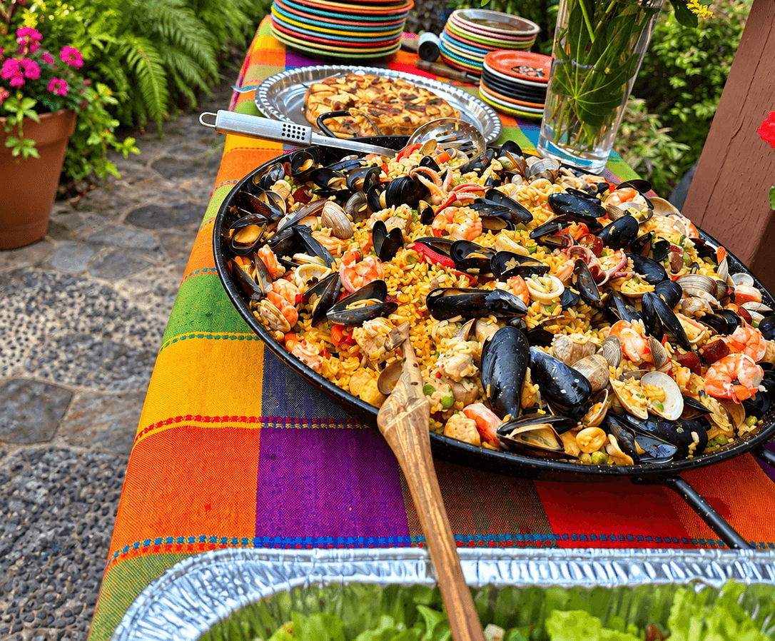 A large pan of Gloria's Paella Mixta, filled with mussels, clams, and shrimp, set on a colorful outdoor table.