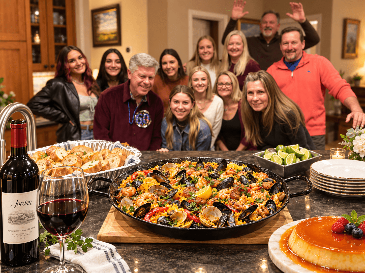 A group gathered warmly around a table with a large pan of paella, bread, and celebratory dishes.