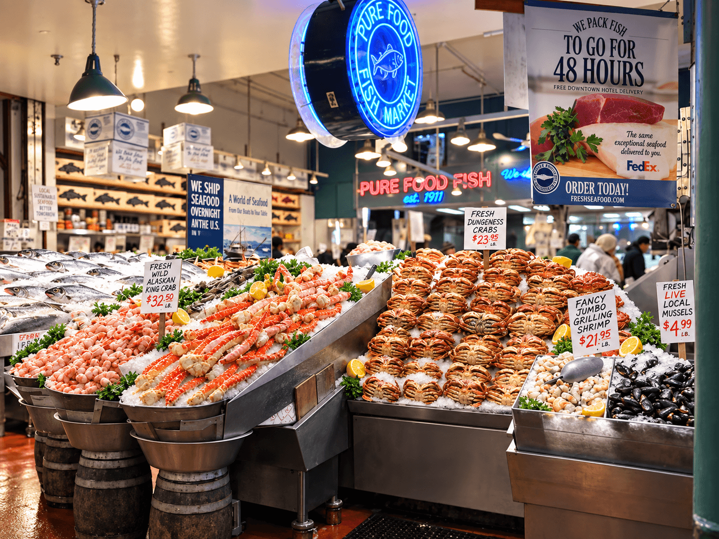 Fresh seafood displays at Seattle's Pike Place Market.