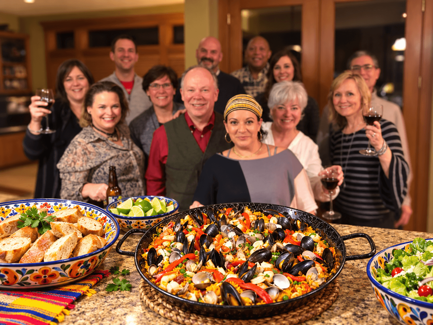 Family and friends gathered around a kitchen counter with a pan of paella, bread, and salad, sharing a warm evening together.