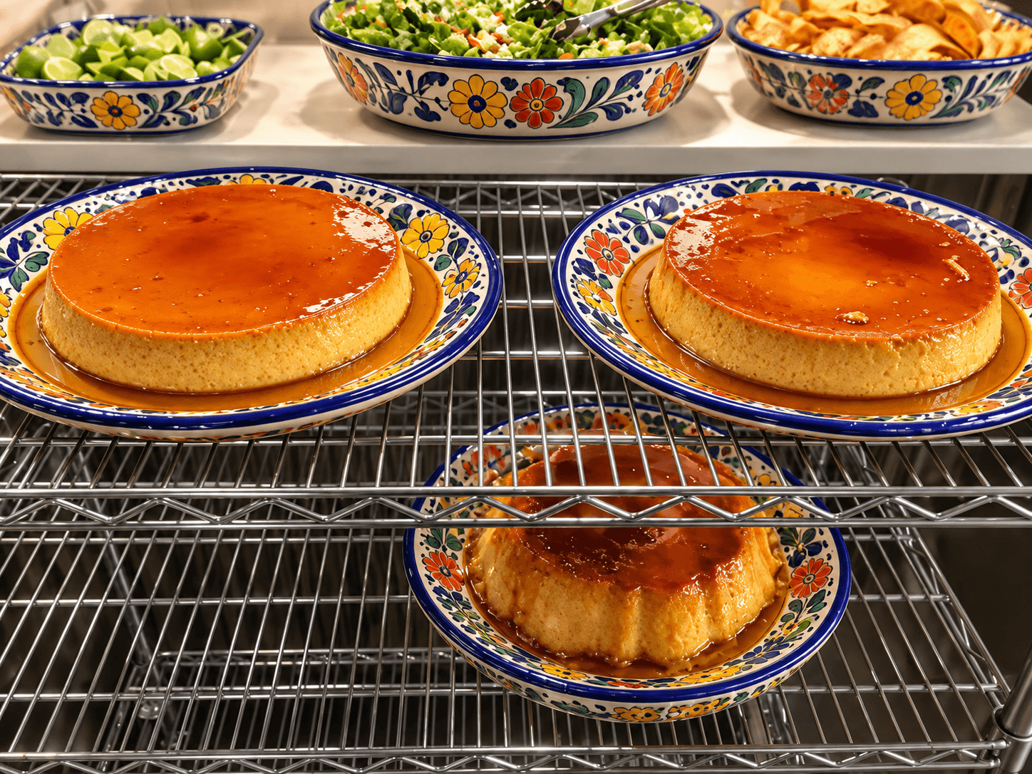 Gloria's caramel flan served on a colorful platter.